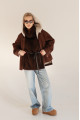Chocolate-colored suede sheepskin coat with hood