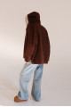 Chocolate-colored suede sheepskin coat with hood