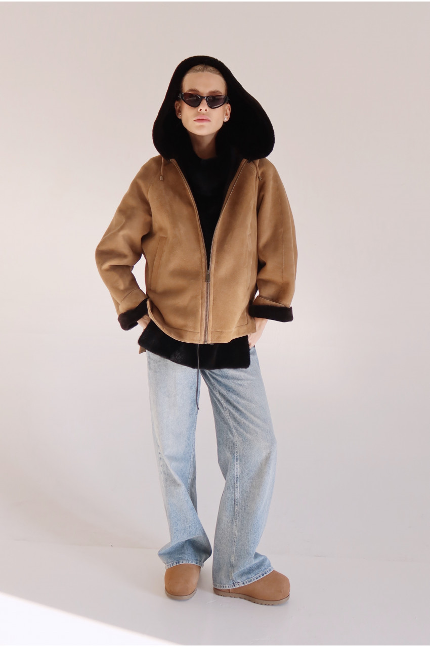 Brown suede sheepskin coat with hood