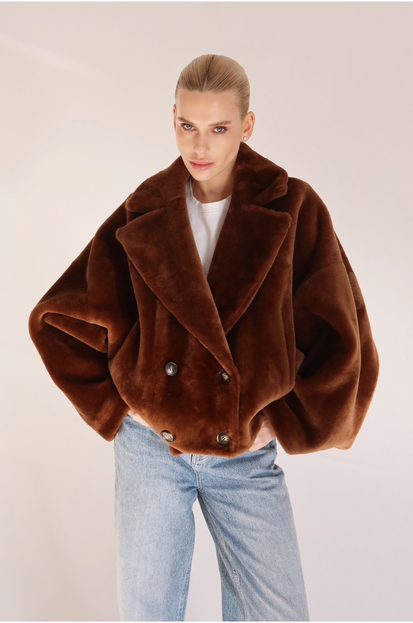 Reversible short copper-colored sheepskin bomber jacket