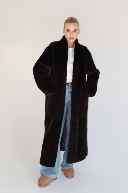 Long coat made of Canadian mink in dark chocolate color