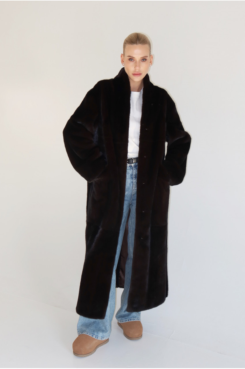 Long coat made of Canadian mink in dark chocolate color