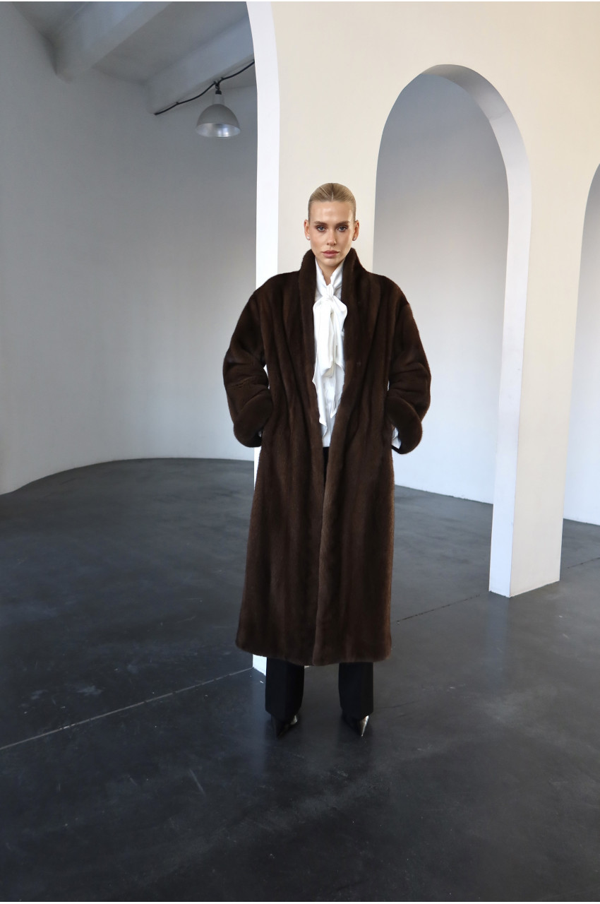 Long chocolate-colored Canadian mink coat