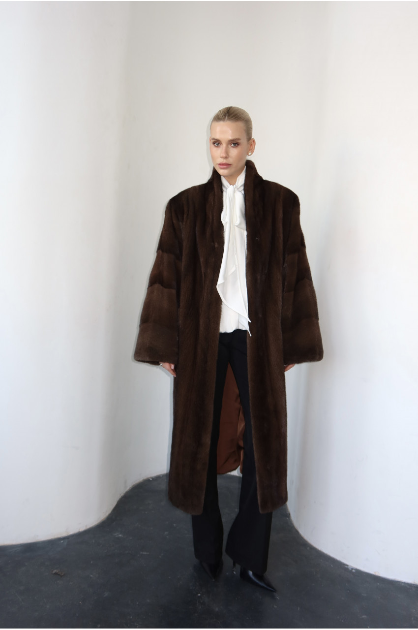 Long walnut-colored Canadian mink coat