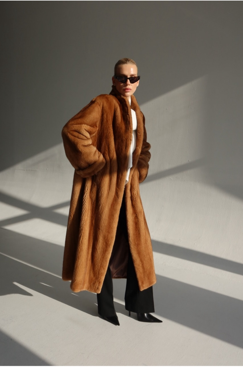 Long brown Canadian mink fur coat