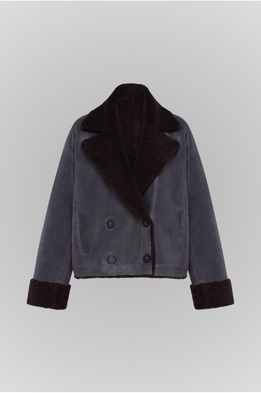 Vintage sheepskin coat made of natural sheepskin in graphite color
