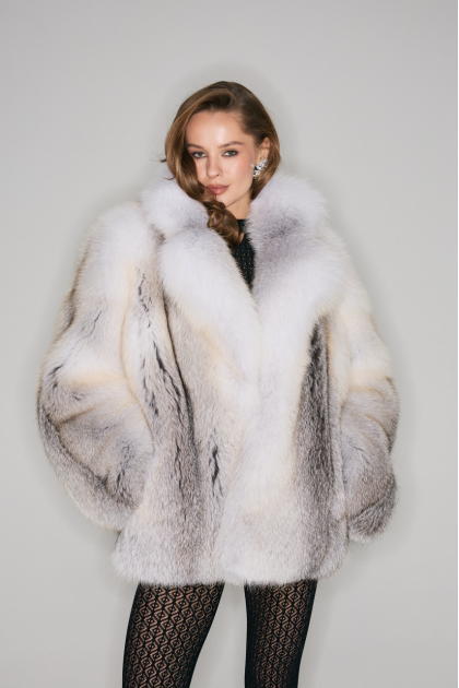 Natural fox fur coat in light gray color