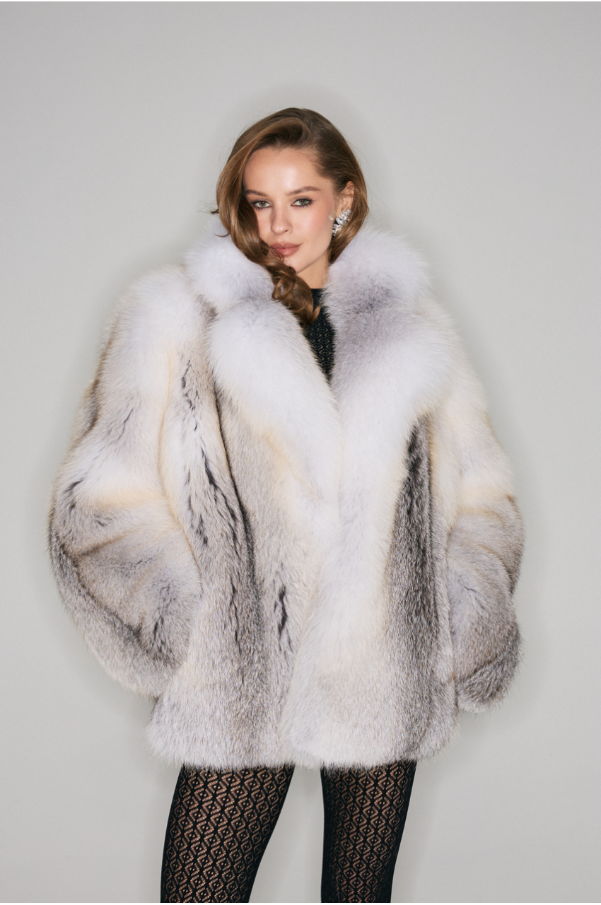 Natural fox fur coat in light gray color