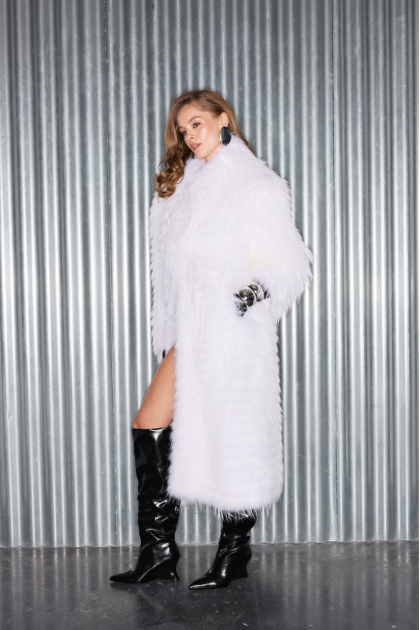 Long white raccoon fur coat