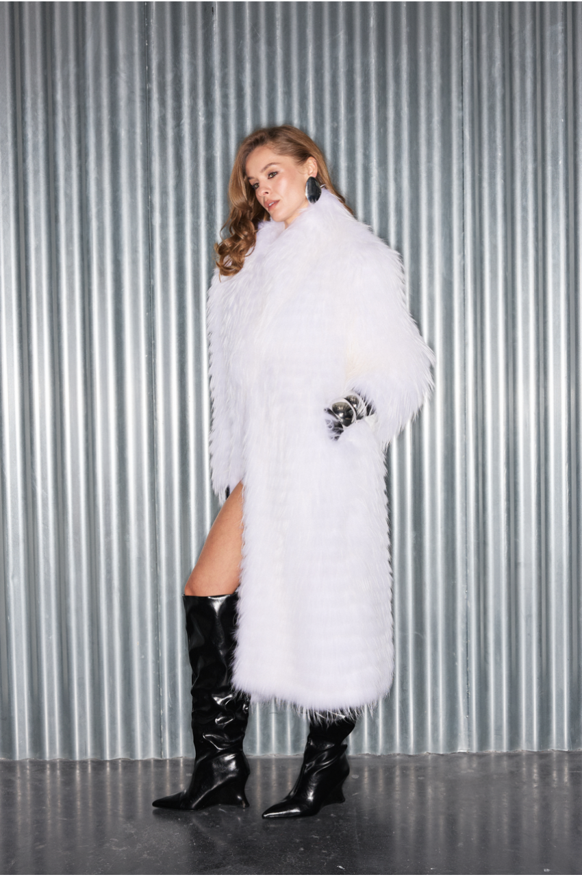 Long white raccoon fur coat