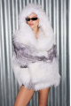 White raccoon fur coat with gray trim and hood