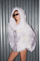 White raccoon fur coat with gray trim and hood