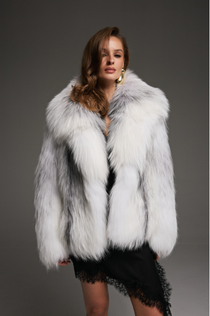 Stylish white fox fur coat with gray highlights