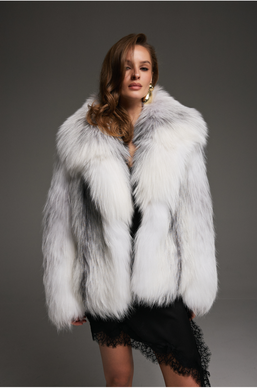 Stylish white fox fur coat with gray highlights