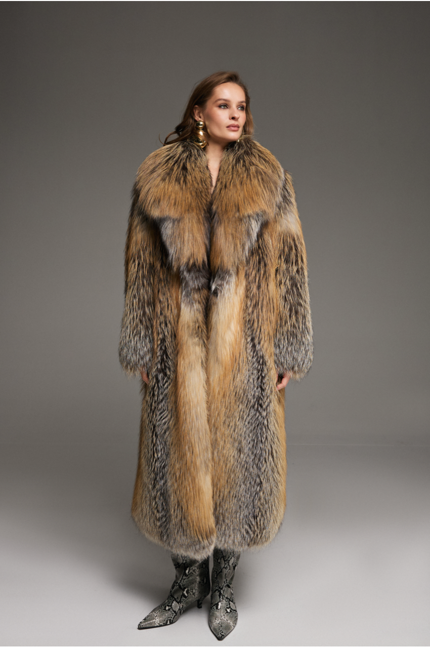 Long red fox fur coat with dark highlights