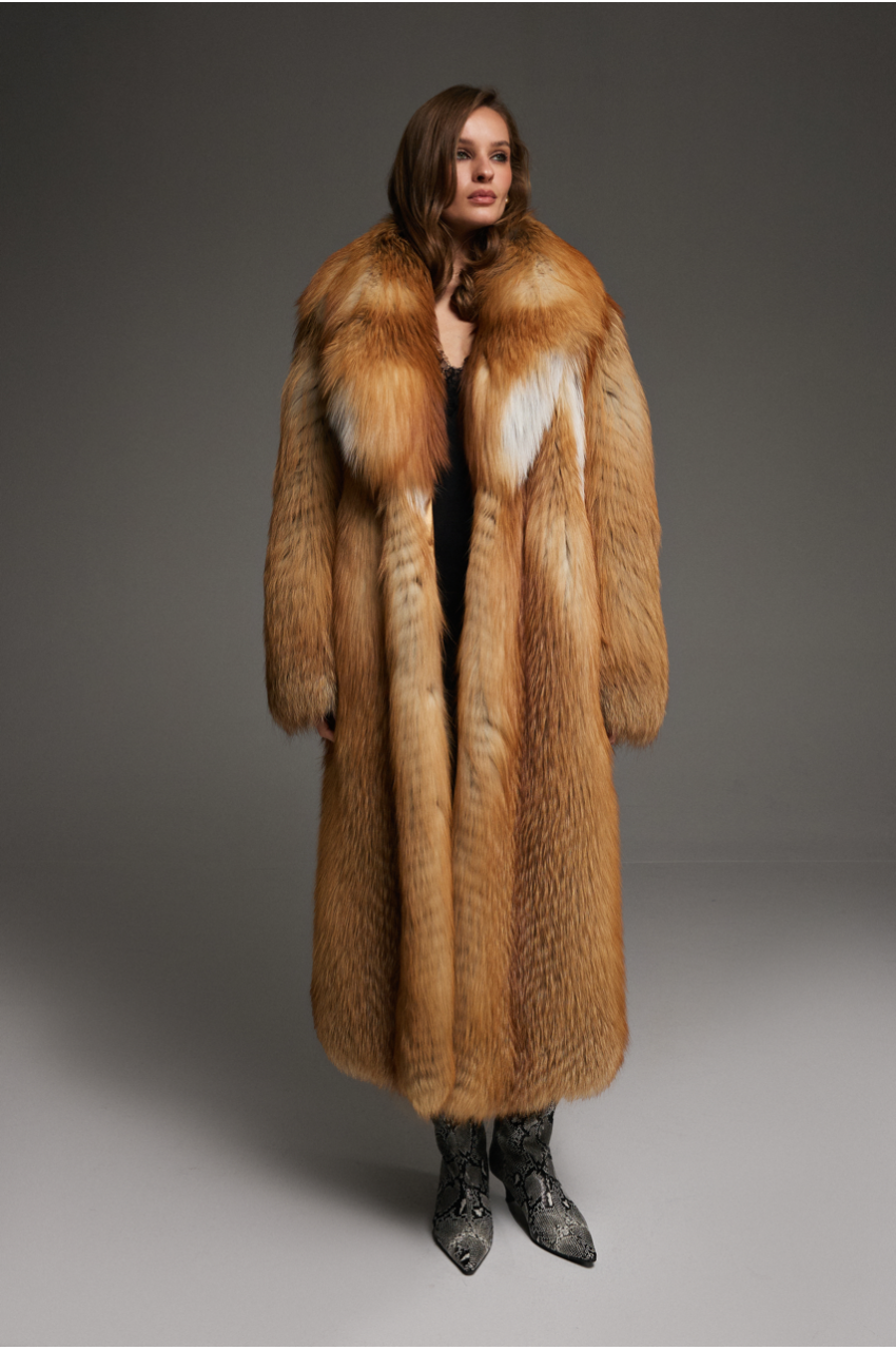 Long women's red fox fur coat