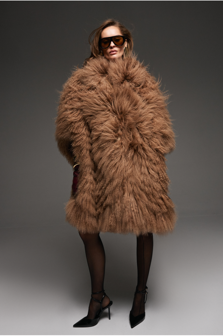 Brown natural llama fur coat