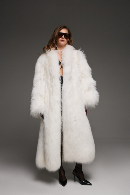 Long women's white fox fur coat
