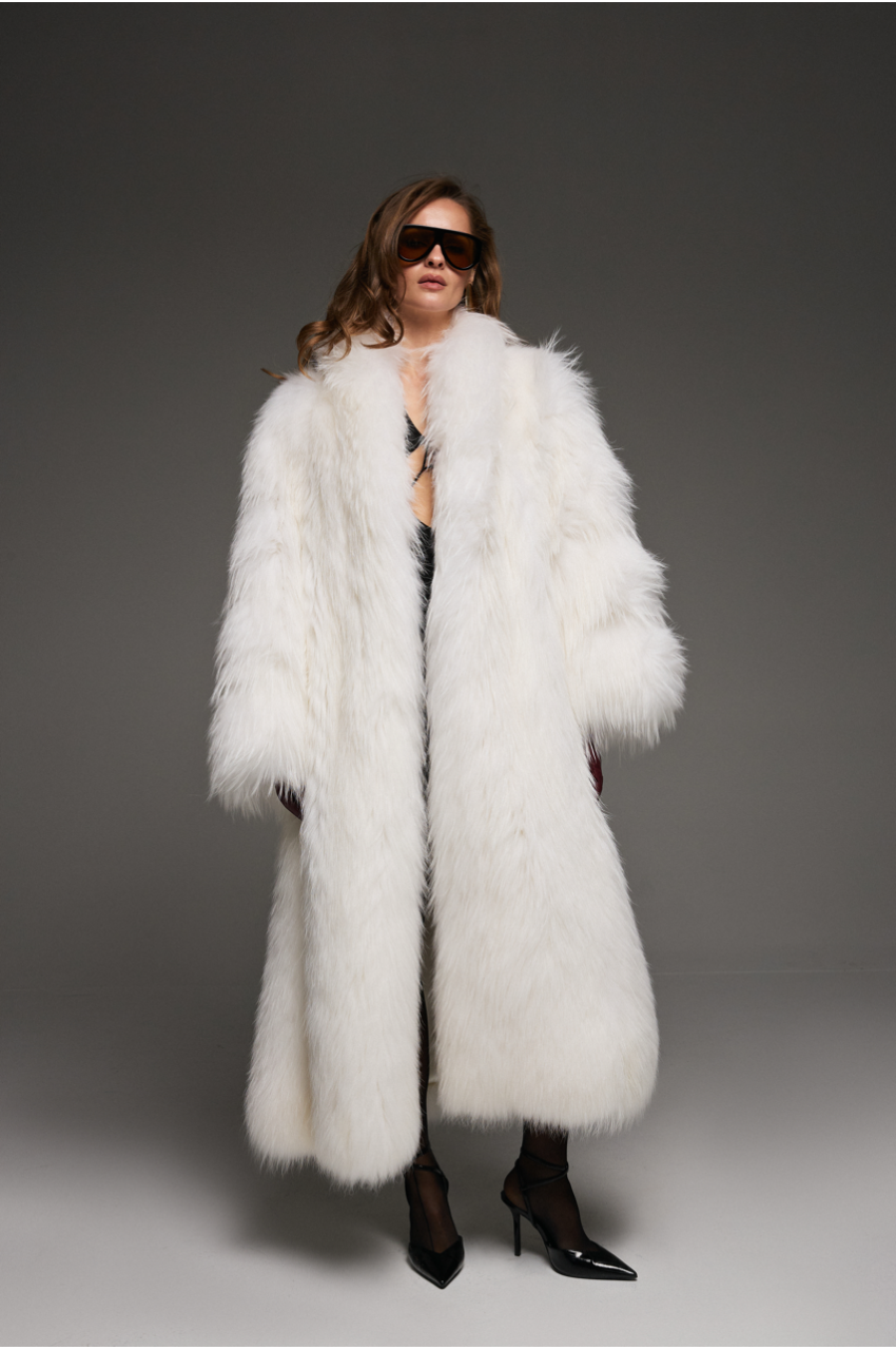 Long women's white fox fur coat