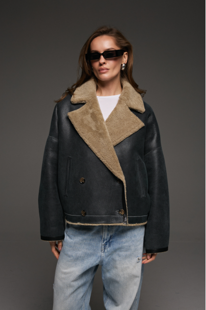 Reversible anthracite-colored sheepskin bomber jacket