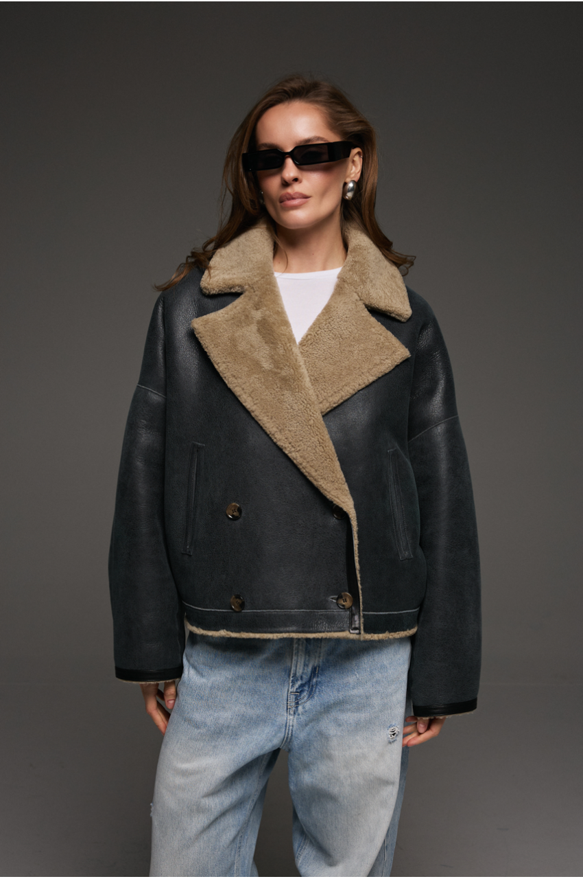 Reversible anthracite-colored sheepskin bomber jacket