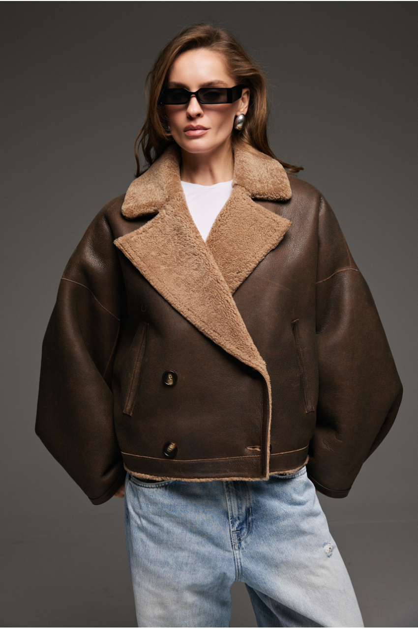 Reversible brown sheepskin bomber jacket