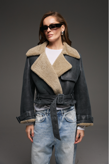 Stylish sheepskin coat made of natural sheepskin in anthracite color in VINTAGE style