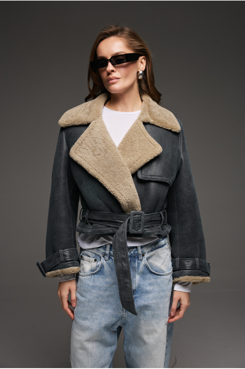 Stylish sheepskin coat made of natural sheepskin in anthracite color in VINTAGE style