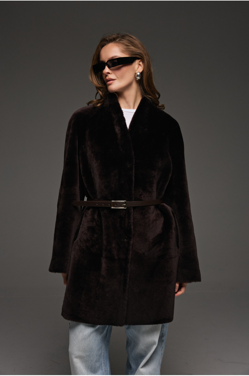 Chocolate-colored suede double-sided sheepskin coat