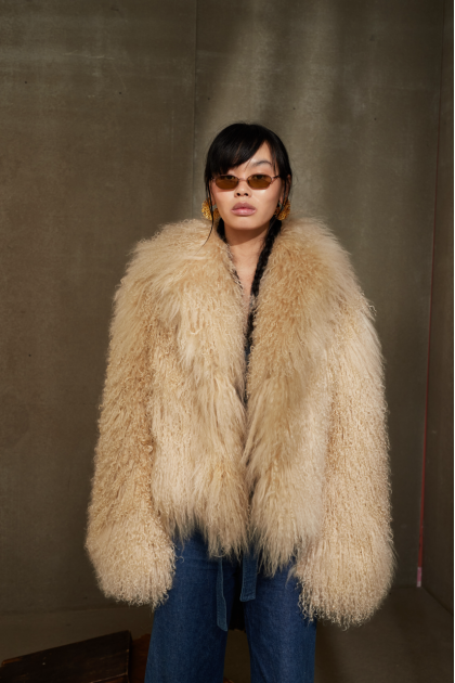 Beige sheepskin coat with llama