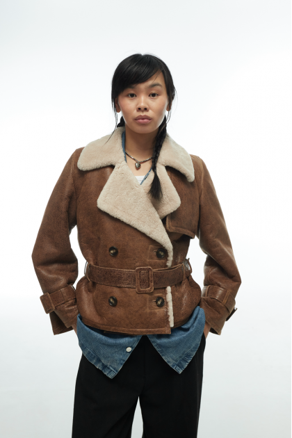 Short brown sheepskin coat