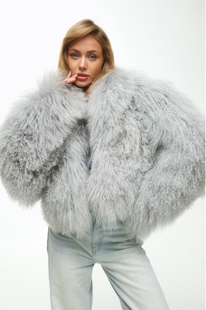 Gray sheepskin coat with llama