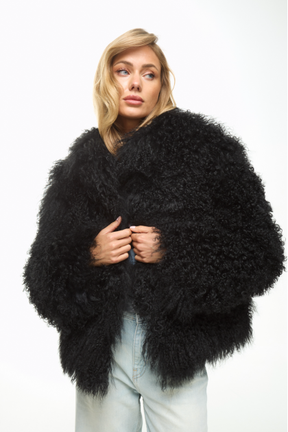 Black sheepskin coat with llama