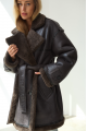 Women's sheepskin coat of dark chocolate color made of natural sheepskin in VINTAGE style