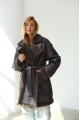 Women's sheepskin coat of dark chocolate color made of natural sheepskin in VINTAGE style