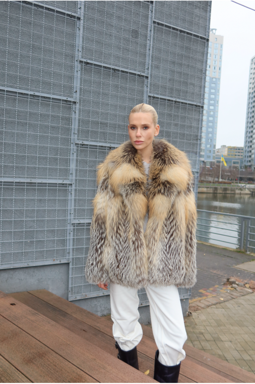 Women's fox fur coat with light color