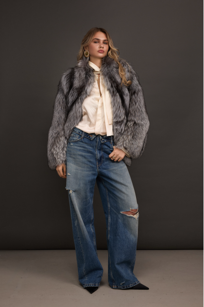 Stylish gray fur coat made of black fox