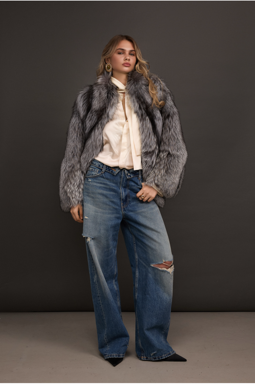 Stylish gray fur coat made of black fox