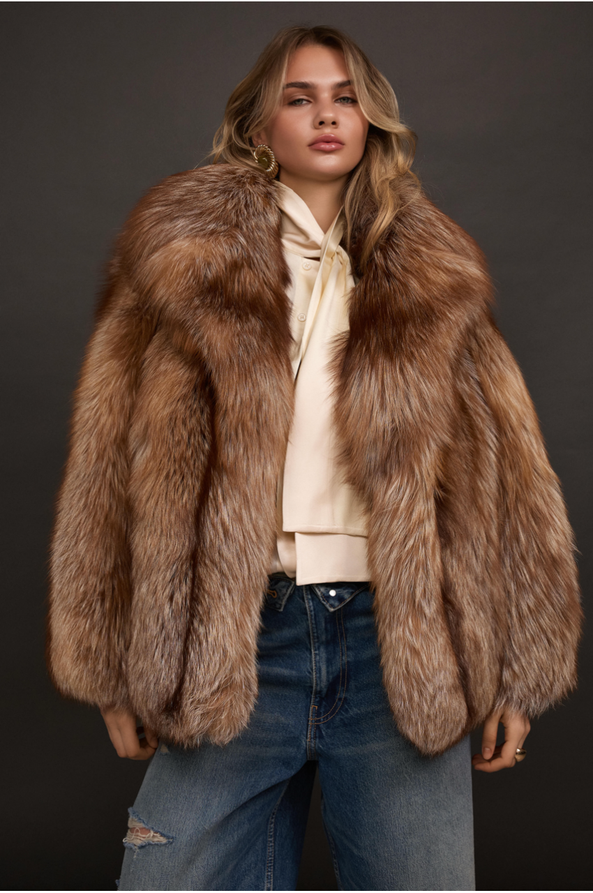 Stylish brown fox fur coat