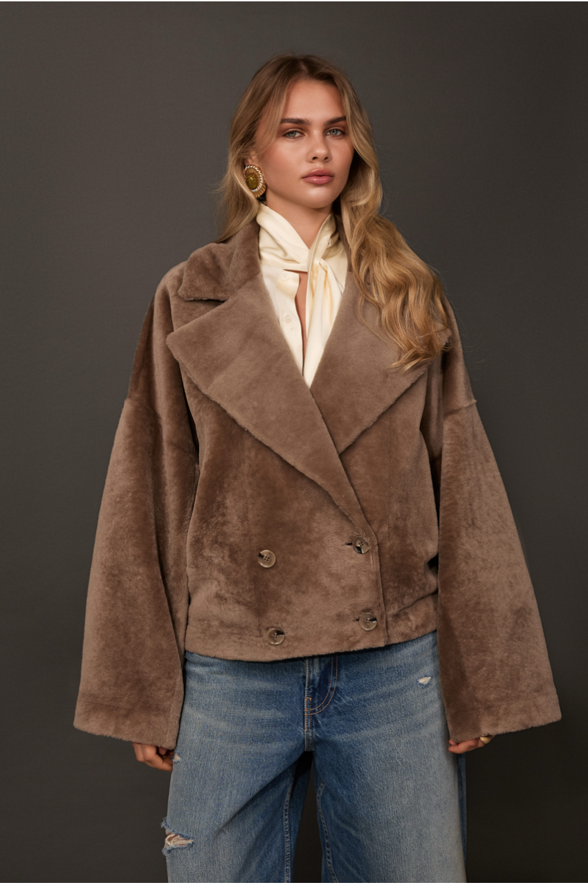 Reversible short bomber jacket in dark beige