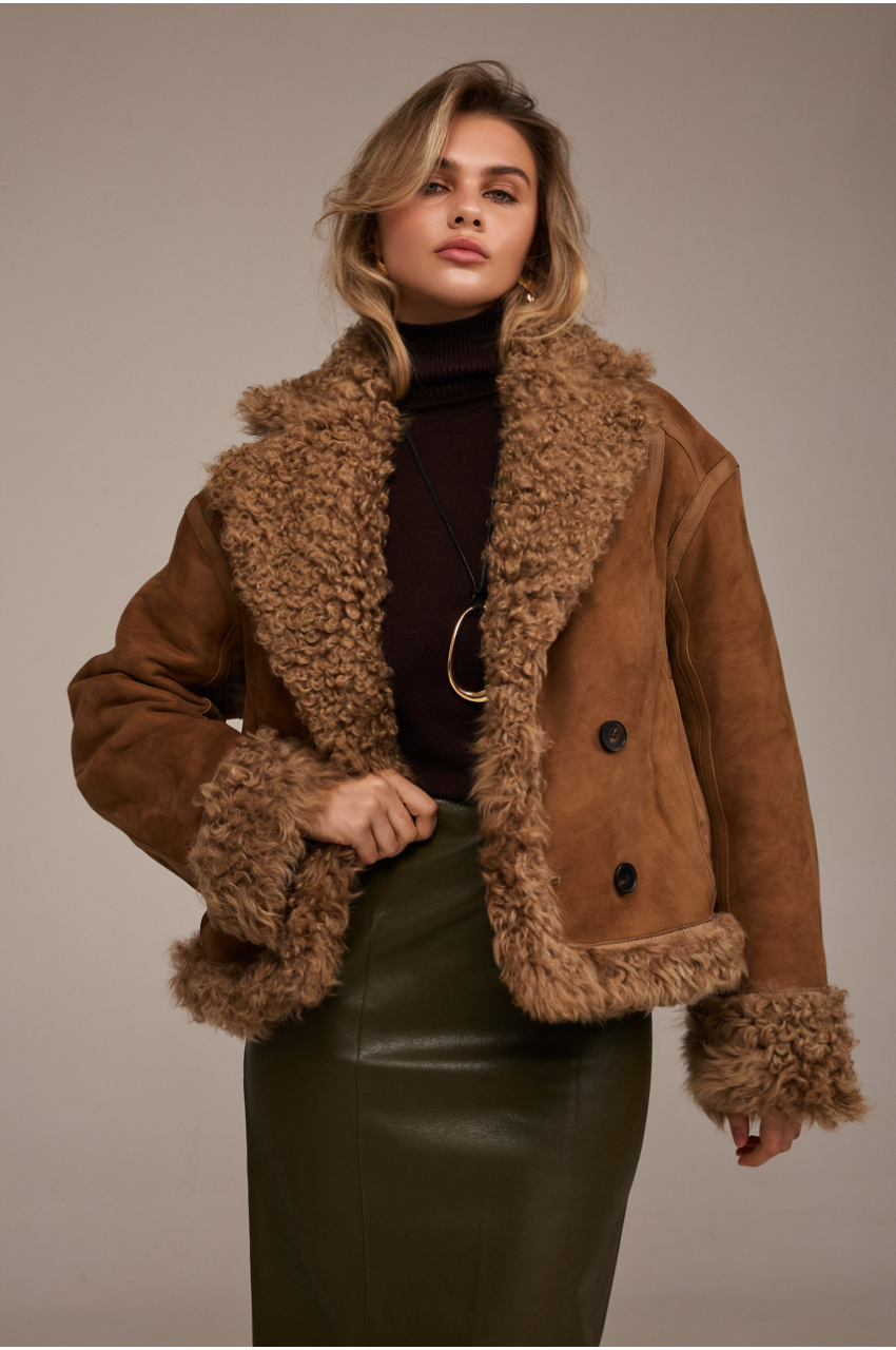 Reversible suede sheepskin coat in camel color