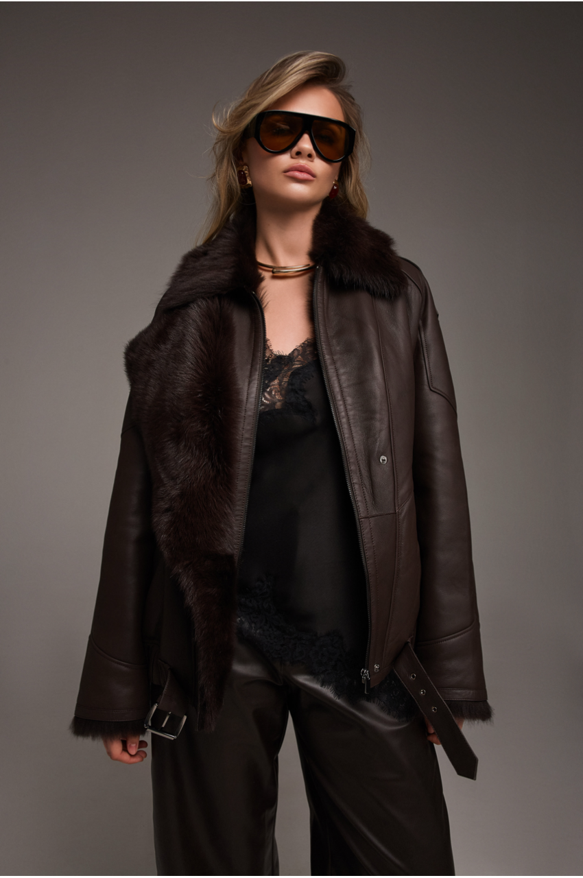 Chocolate-colored Tuscan sheepskin coat