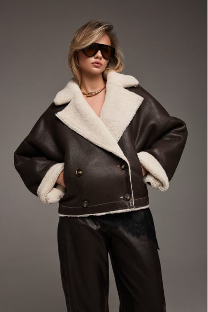 Reversible short brown sheepskin bomber jacket