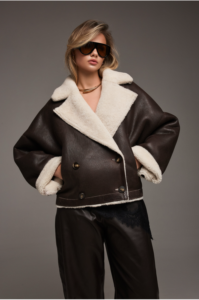 Reversible short brown sheepskin bomber jacket