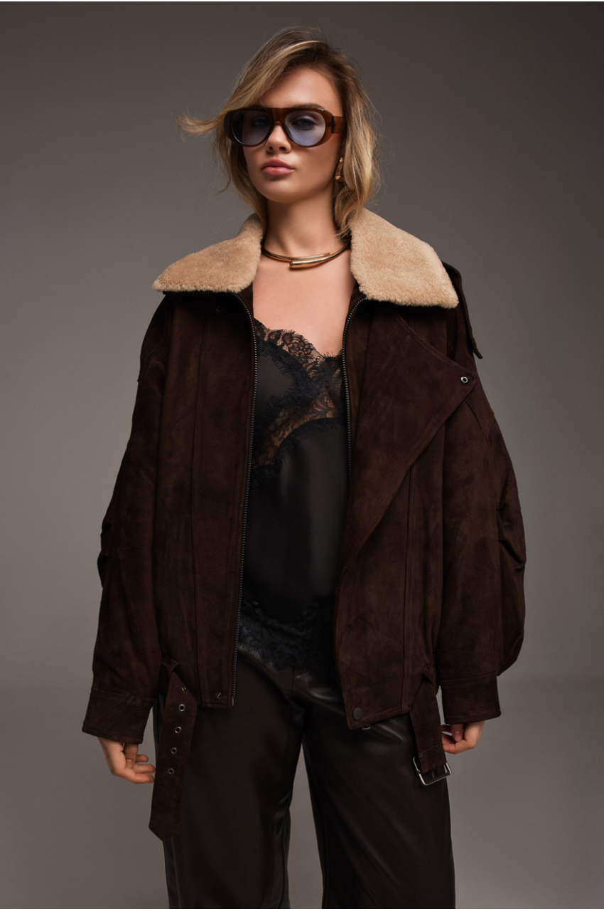 Brown suede jacket with fur collar
