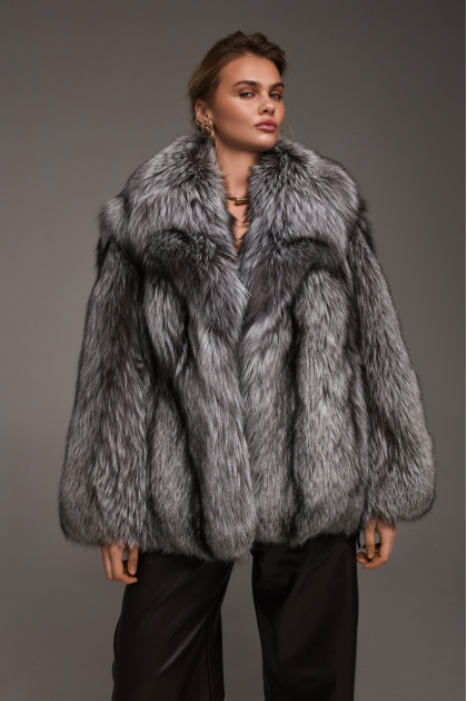 Stylish gray fox fur coat