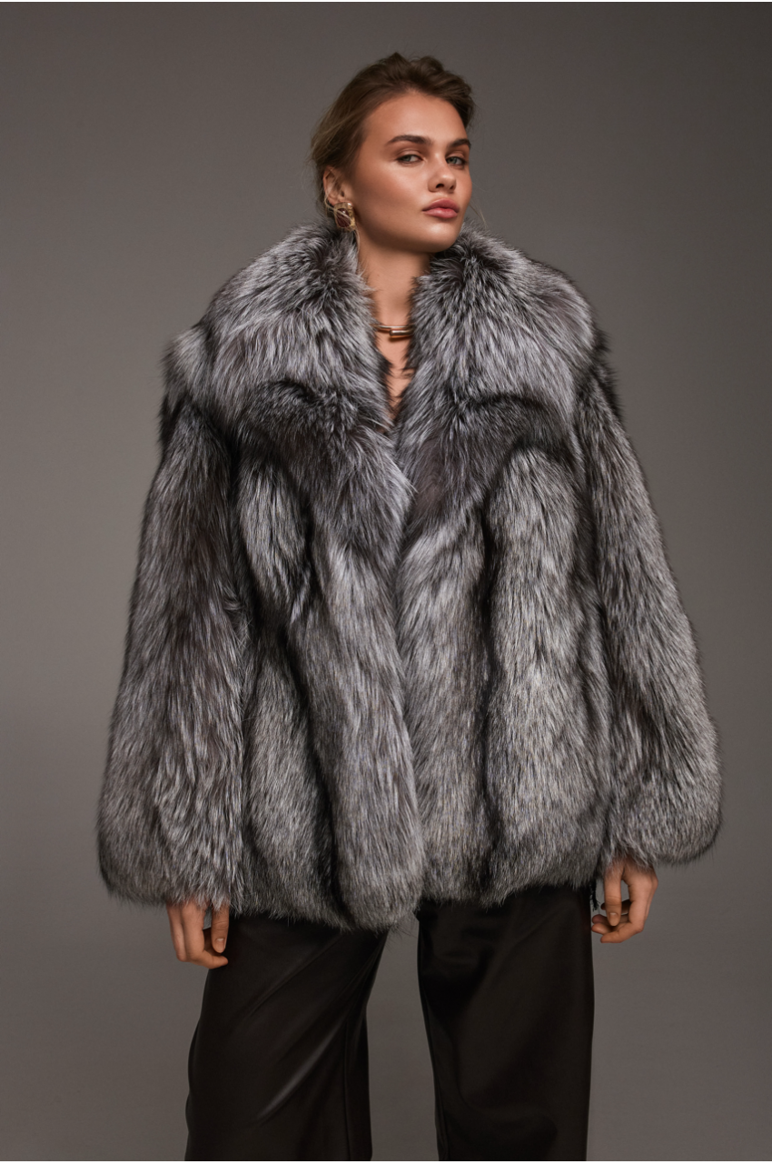 Stylish gray fox fur coat