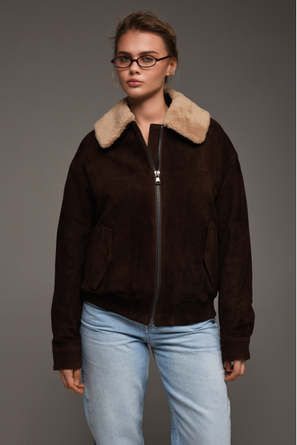Brown genuine leather suede jacket with fur collar