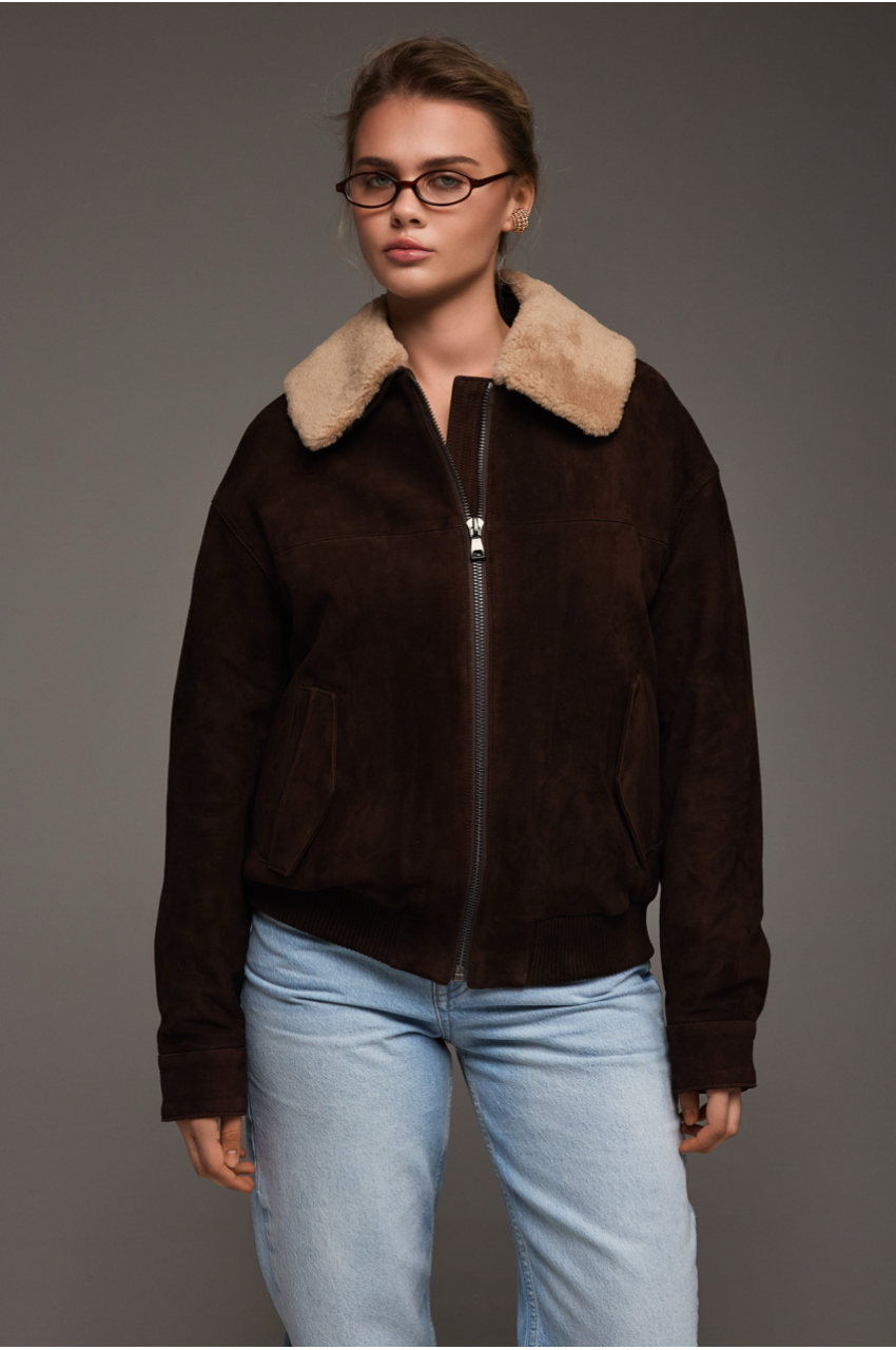 Brown genuine leather suede jacket with fur collar
