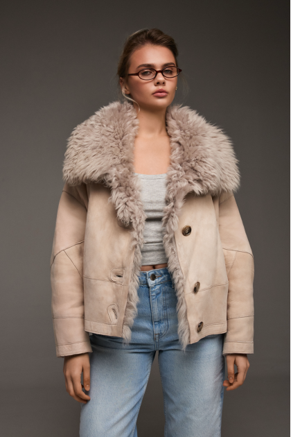 Women's suede sheepskin coat in beige color